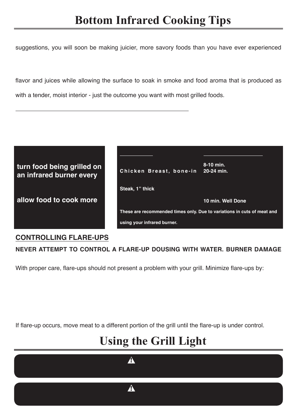 Bottom infrared cooking tips, Using the grill light | Sure Heat Sonoma PFISLP User Manual | Page 18 / 23