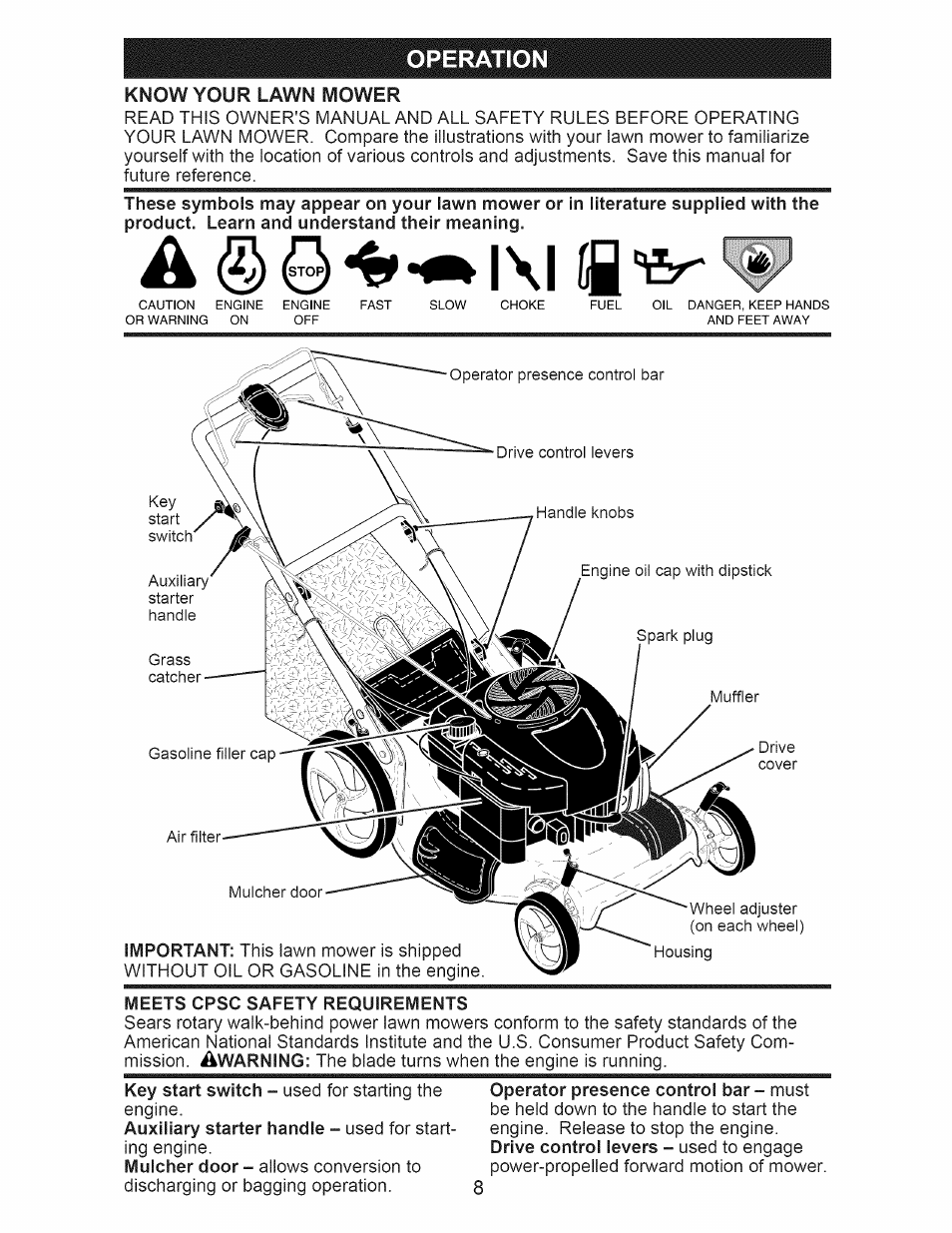 Meets cpsc safety requirements, Operation, Know your lawn mower | Craftsman 917.374060 User Manual | Page 8 / 52