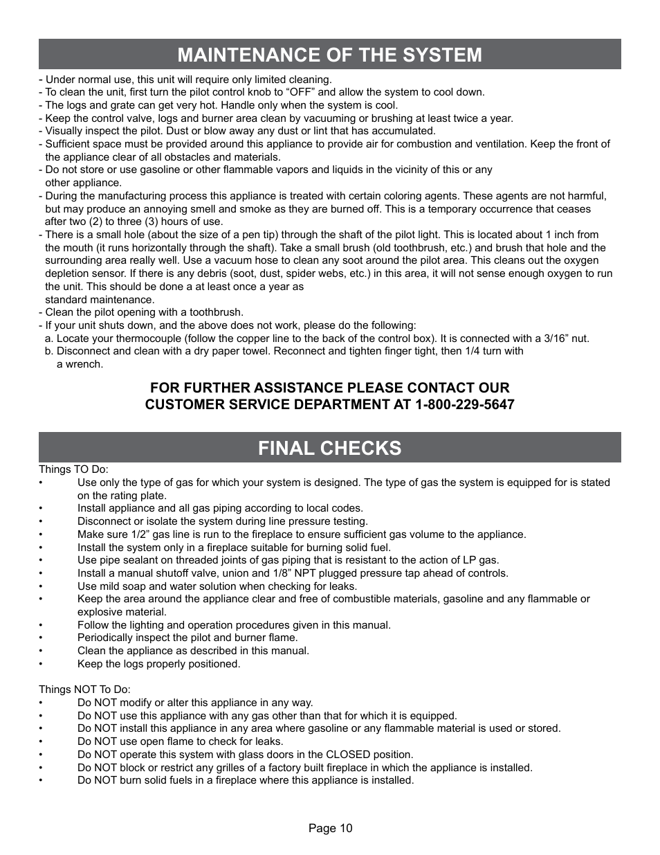 Maintenance of the system final checks | Sure Heat VFMO Vent-Free User Manual | Page 10 / 12