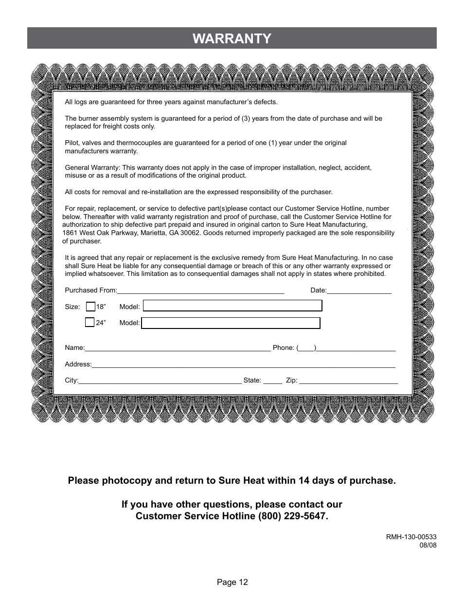Warranty | Sure Heat VFMO Vent-Free User Manual | Page 12 / 12