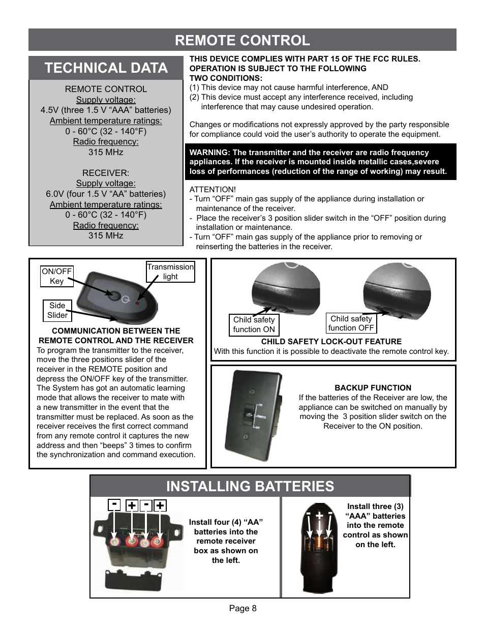 Remote control, Technical data installing batteries | Sure Heat VFMO Vent-Free User Manual | Page 8 / 12