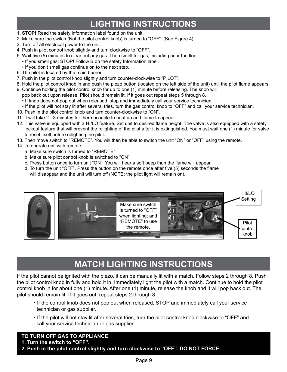 Lighting instructions, Match lighting instructions | Sure Heat VFMO Vent-Free User Manual | Page 9 / 12