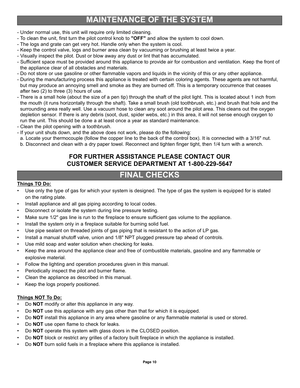 Maintenance of the system final checks | Sure Heat VFMP Vent-Free User Manual | Page 10 / 12
