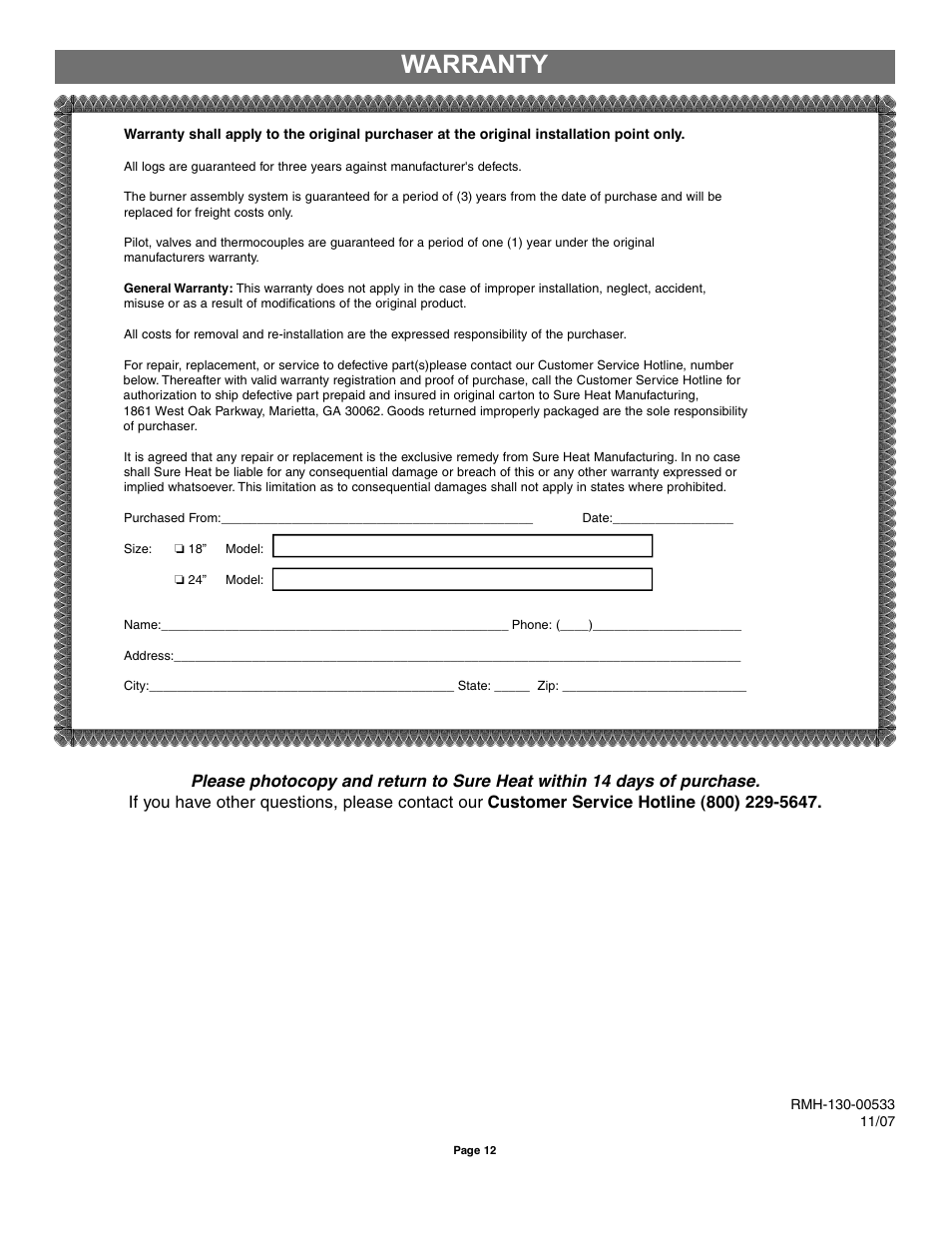 Warranty | Sure Heat VFMP Vent-Free User Manual | Page 12 / 12