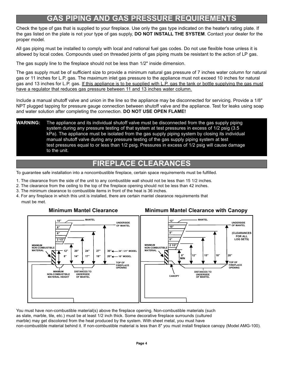 Minimum mantel clearance, Minimum mantel clearance with canopy | Sure Heat VFMP Vent-Free User Manual | Page 4 / 12