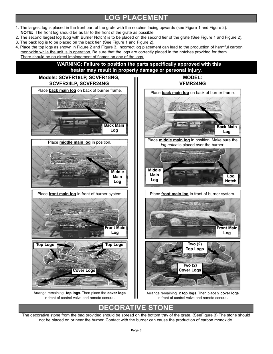 Log placement decorative stone | Sure Heat VFMP Vent-Free User Manual | Page 6 / 12