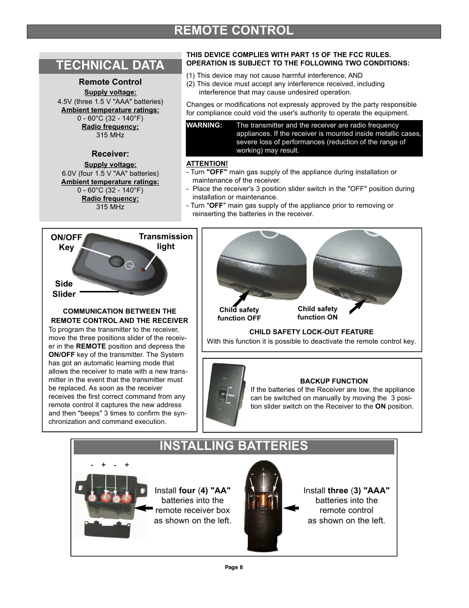 Installing batteries, Remote control technical data | Sure Heat VFMP Vent-Free User Manual | Page 8 / 12