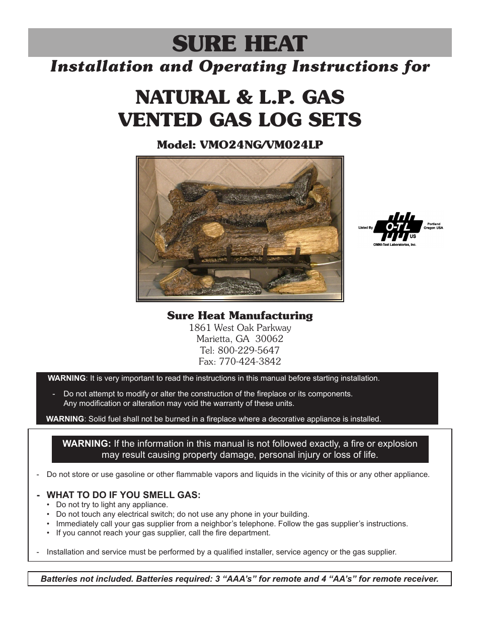 Sure Heat VMO Vented User Manual | 12 pages
