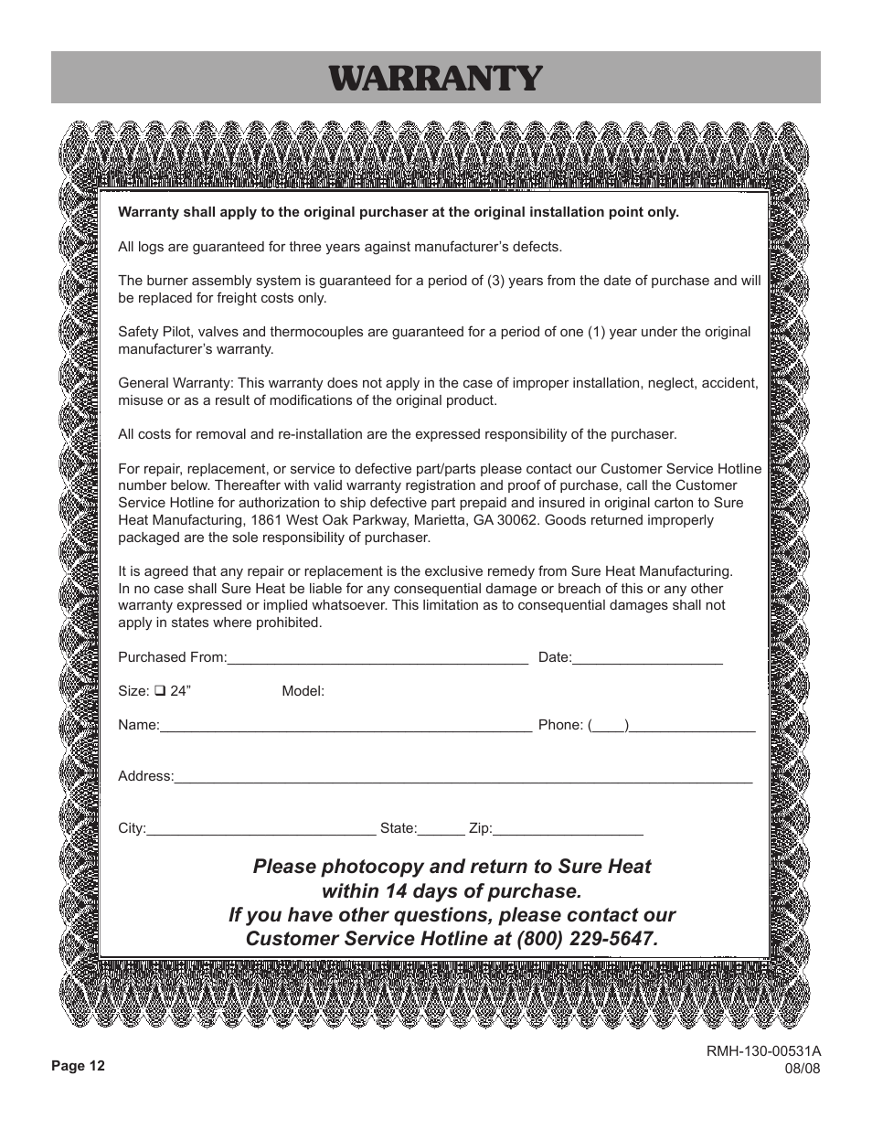 Warranty | Sure Heat VMO Vented User Manual | Page 12 / 12