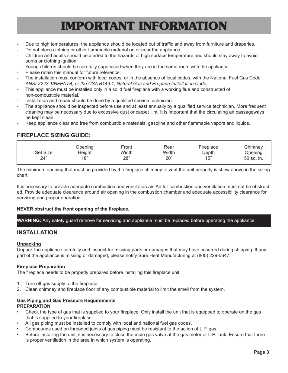 Important information | Sure Heat VMO Vented User Manual | Page 3 / 12