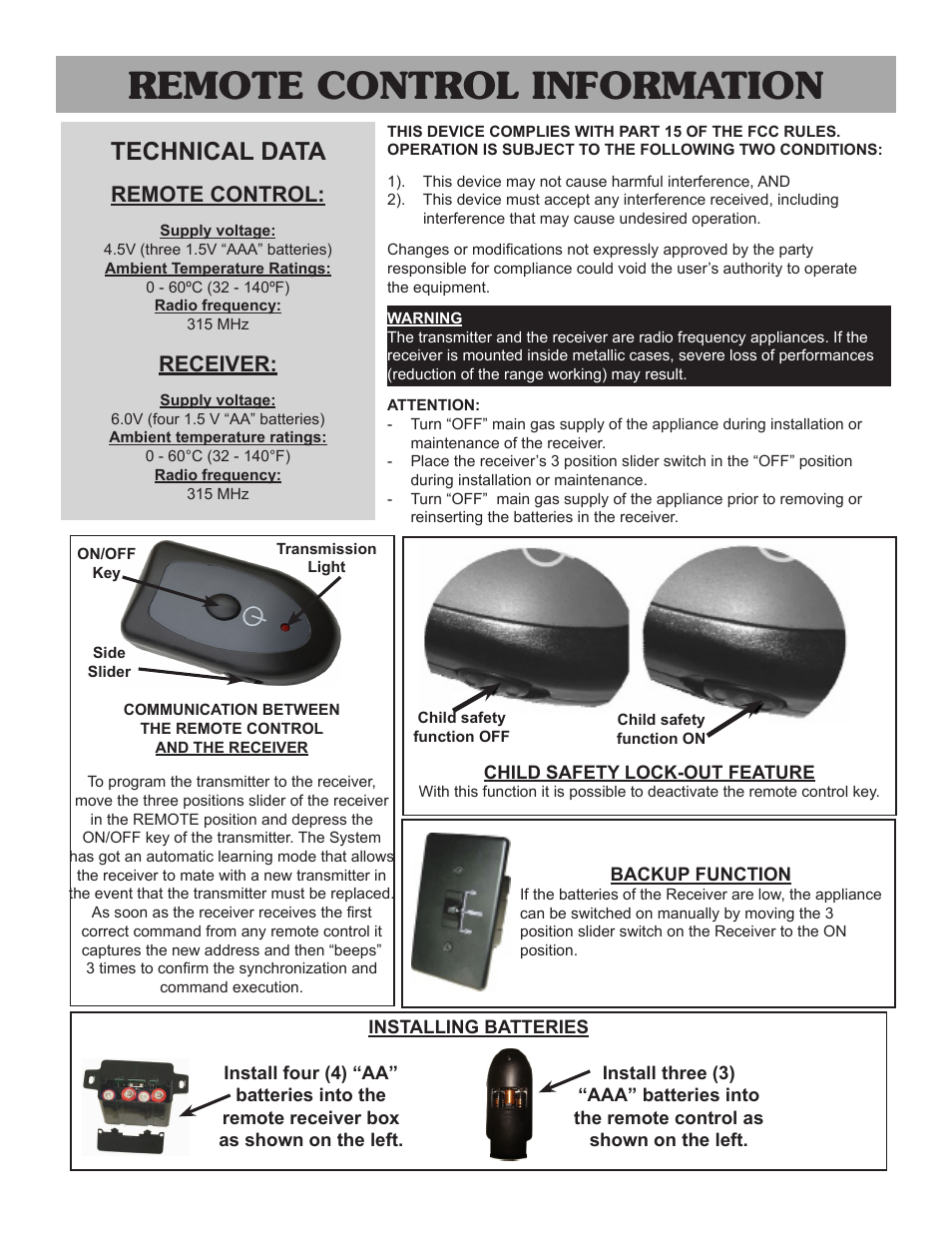 Remote control information, Technical data, Remote control | Receiver | Sure Heat VMO Vented User Manual | Page 8 / 12
