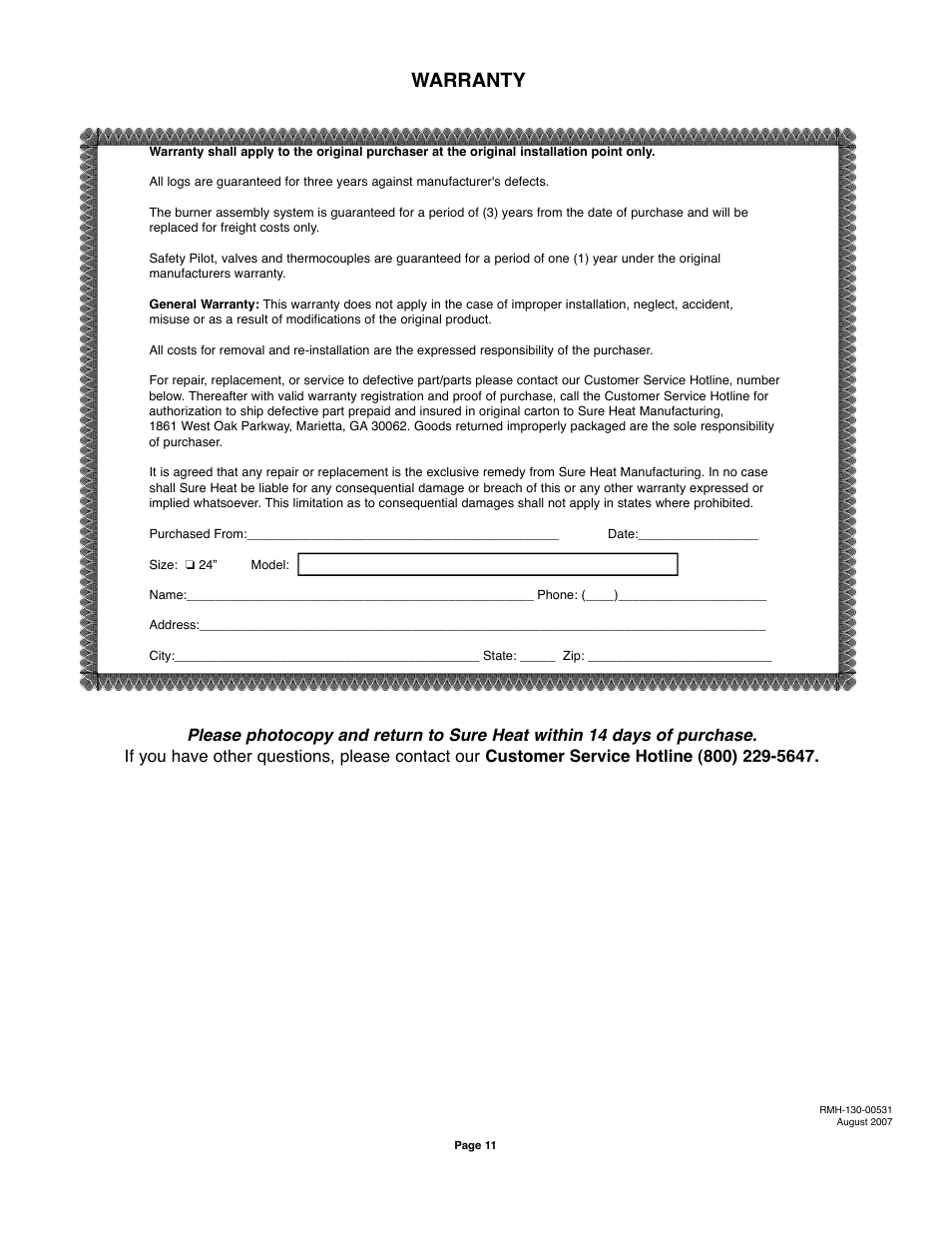 Warranty | Sure Heat VMR Vented User Manual | Page 11 / 11