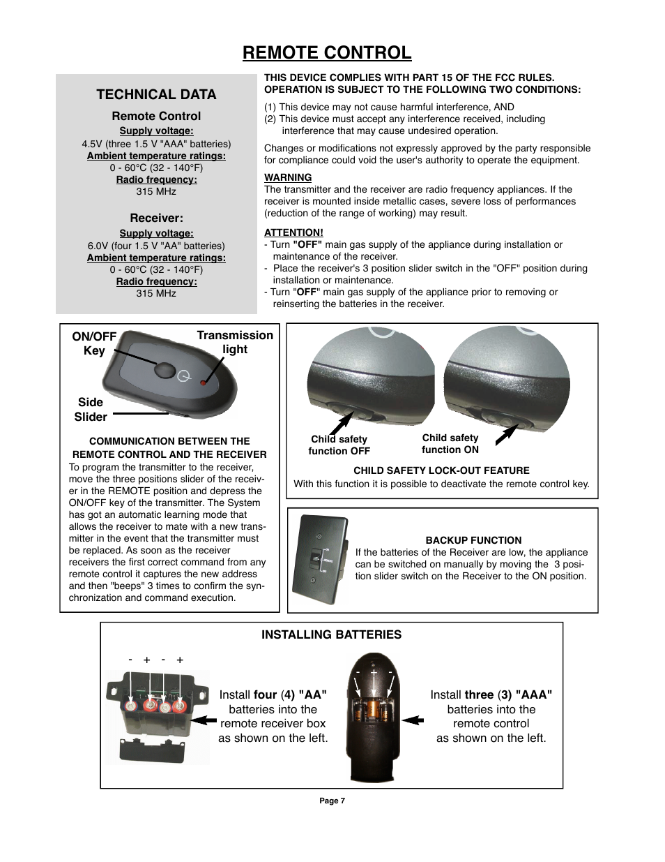 Remote control, Technical data | Sure Heat VMR Vented User Manual | Page 7 / 11