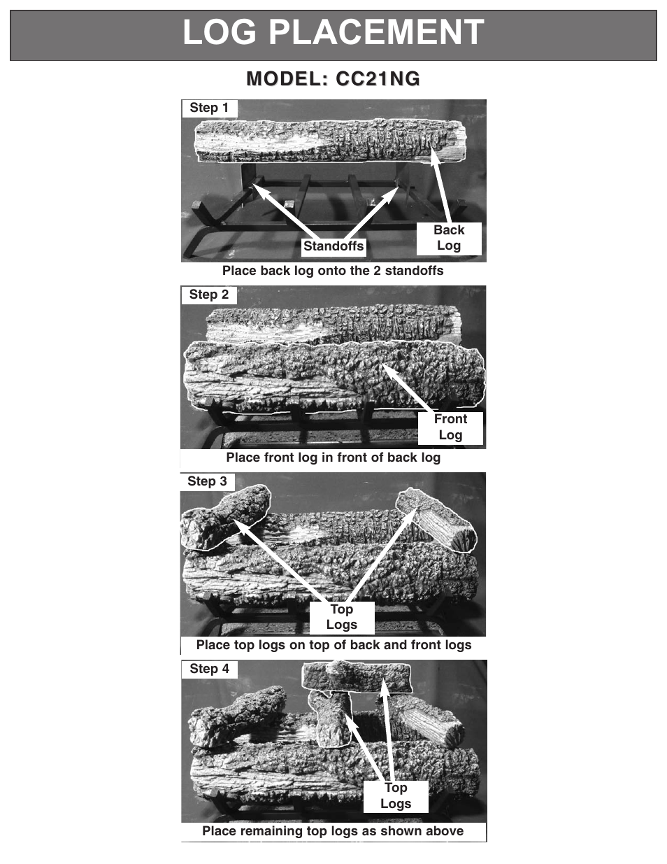 Log placement, Model, Model: cc21ng cc21ng | Sure Heat BRO Burnt River Oak User Manual | Page 4 / 8
