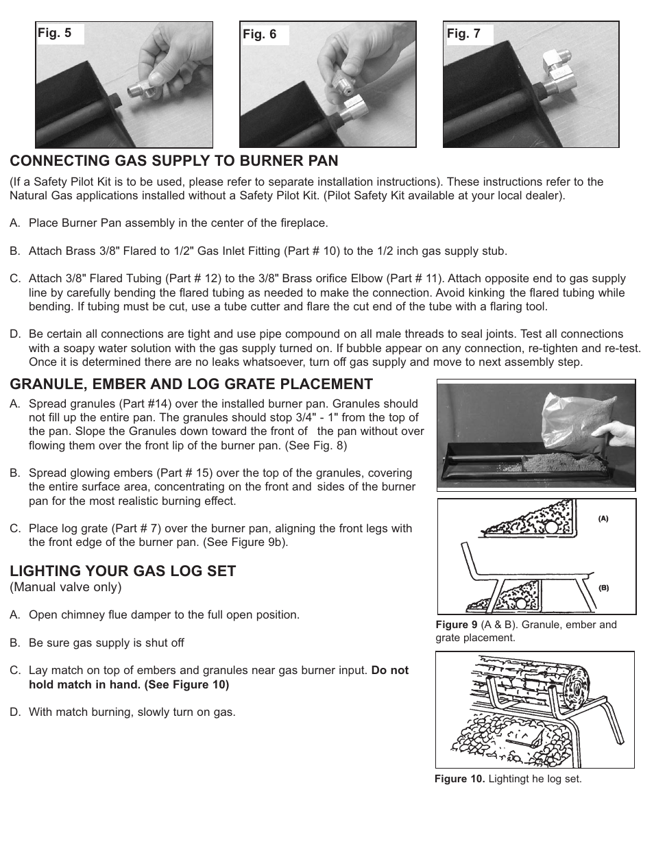 Connecting gas supply to burner pan, Granule, ember and log grate placement, Lighting your gas log set | Sure Heat BRO Burnt River Oak User Manual | Page 7 / 8