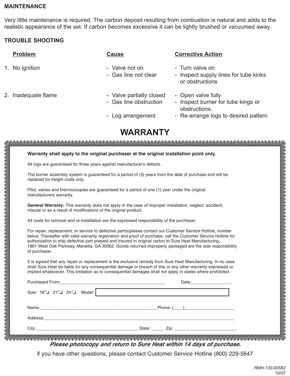 Warranty | Sure Heat BRO Burnt River Oak User Manual | Page 8 / 8