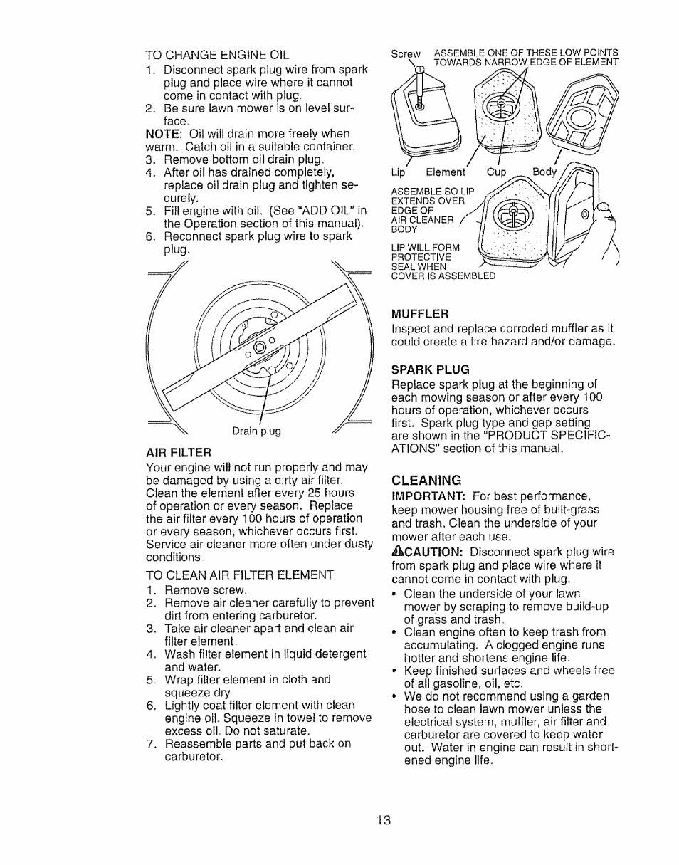 Air filter, Muffler, Spark plug | Cleaning | Craftsman 917.388191 User Manual | Page 13 / 44