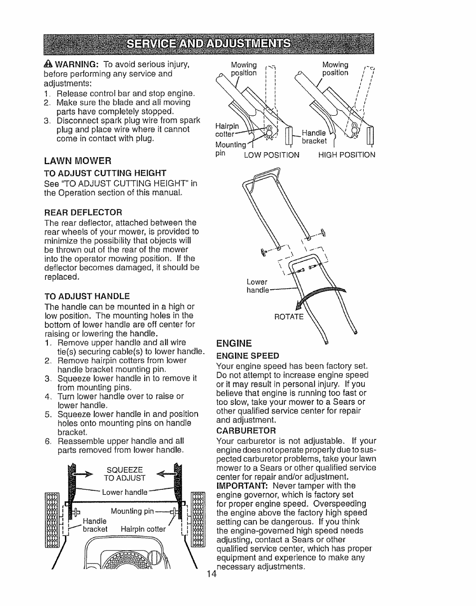 Lawn mower to adjust cutting height, Rear deflector, To adjust handle | Engine speed, Carburetor | Craftsman 917.388191 User Manual | Page 14 / 44