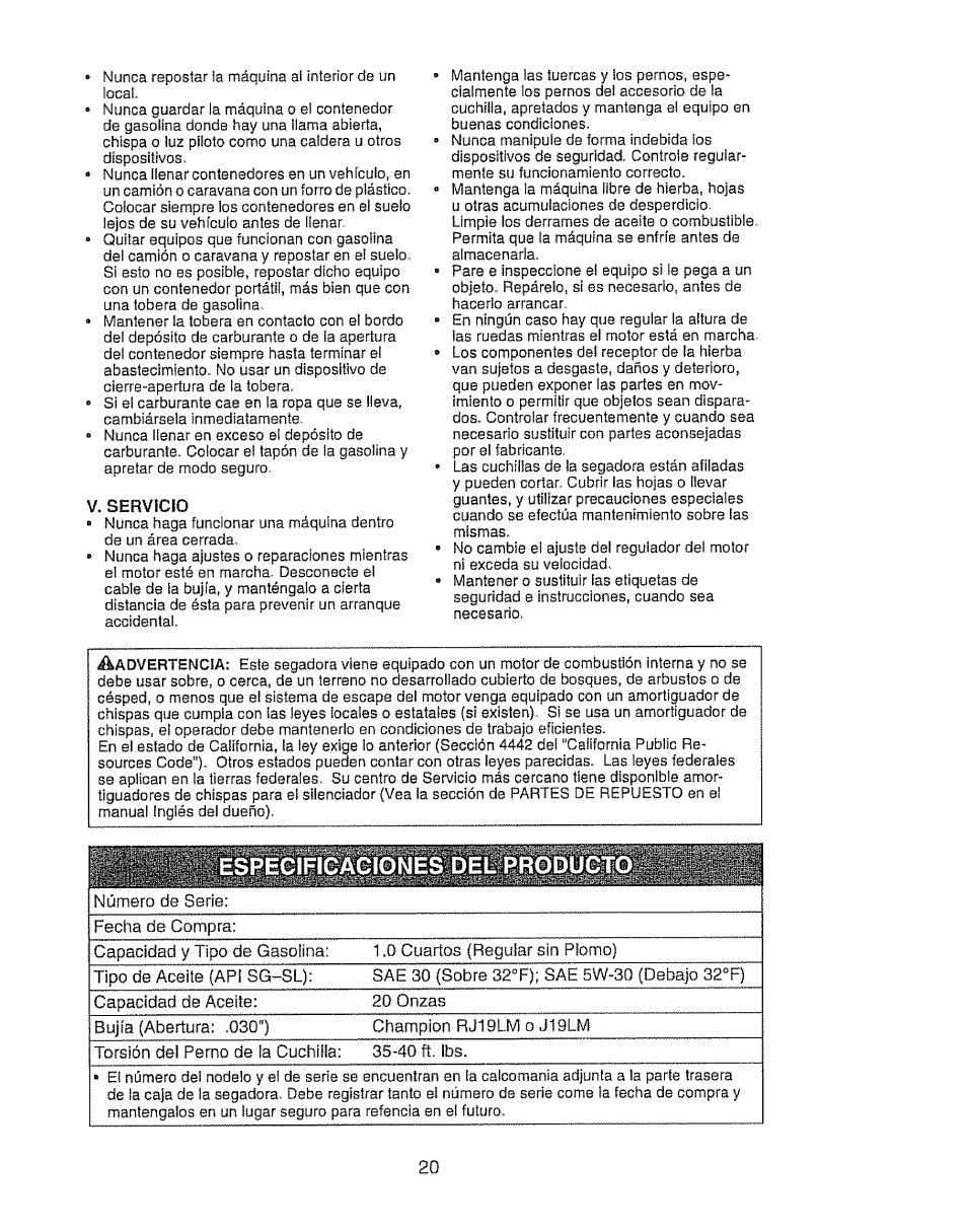 V. servicio | Craftsman 917.388191 User Manual | Page 20 / 44