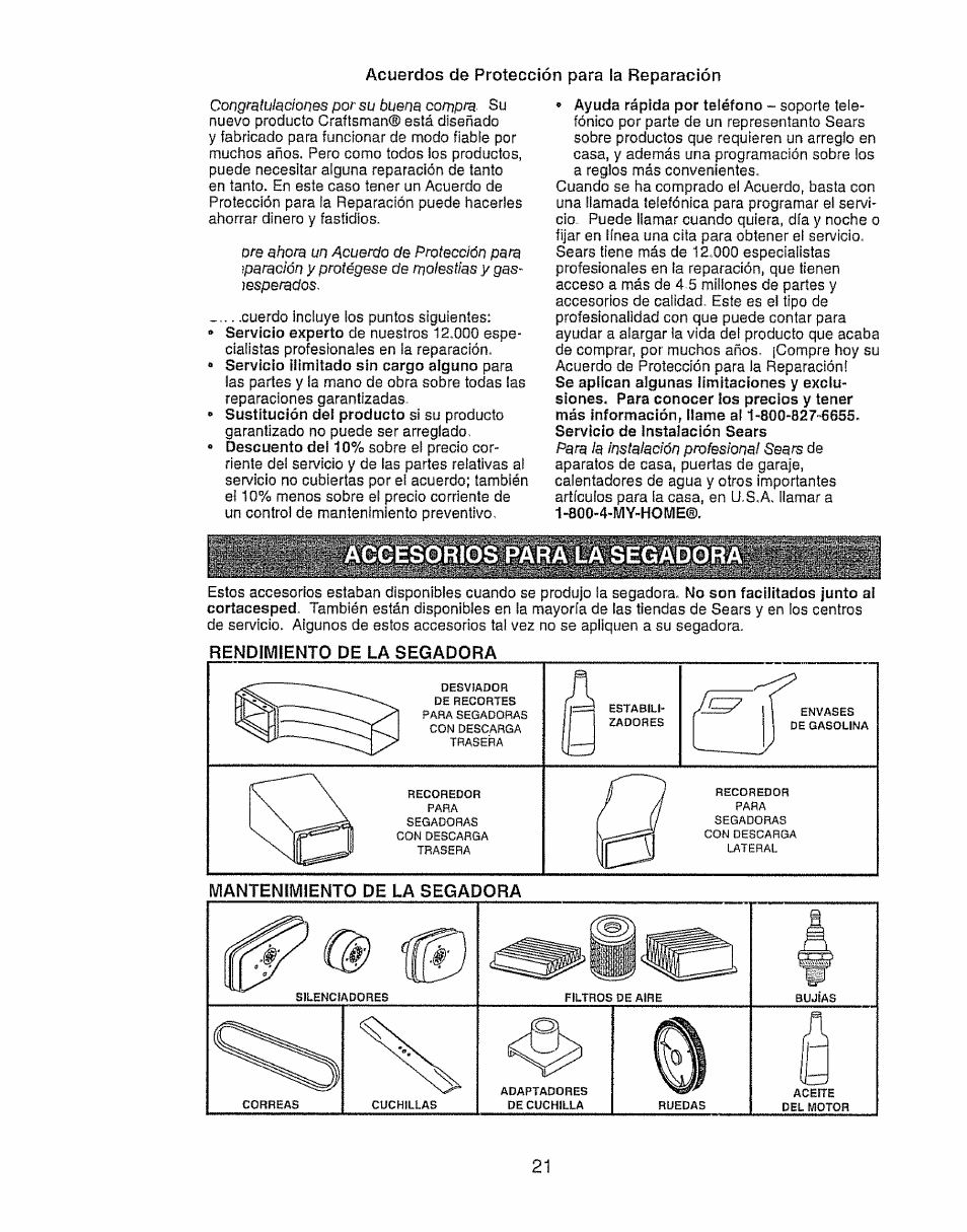 Acuerdos de protección para la reparación, Cesorios para la segador, Rendimiento de la segadora 21 | Craftsman 917.388191 User Manual | Page 21 / 44