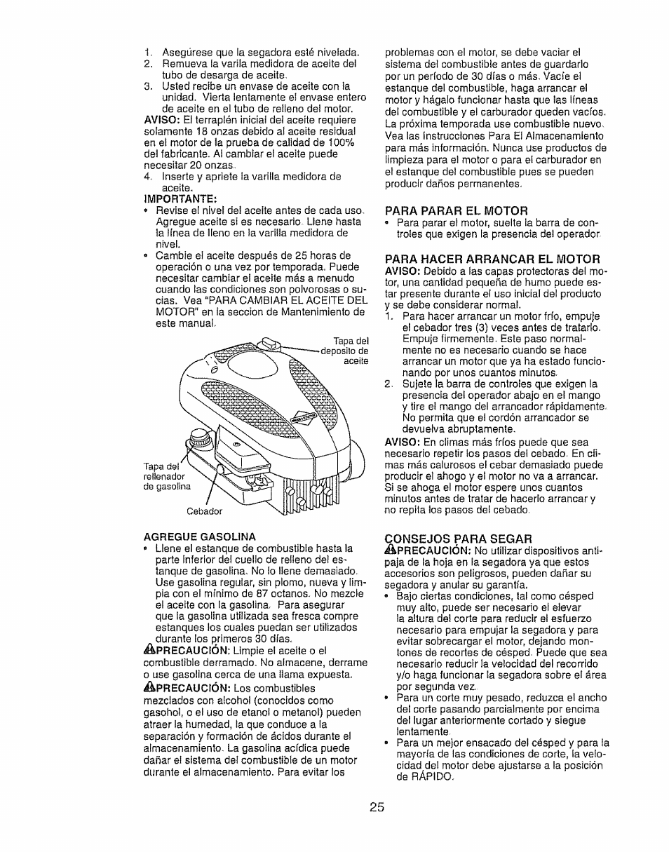 Para parar el motor | Craftsman 917.388191 User Manual | Page 25 / 44