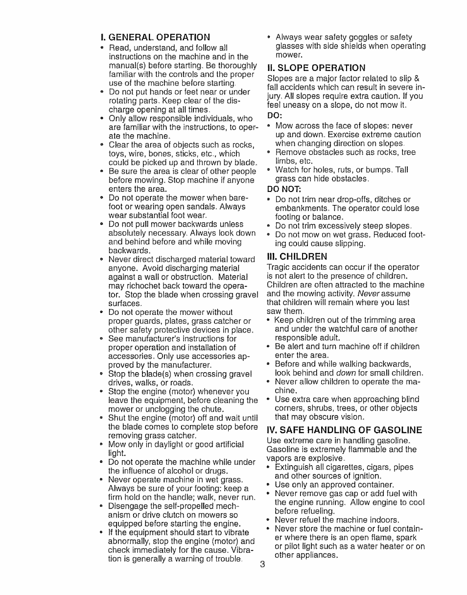 General operation, Ii. slope operation, Iii. children | Iv. safe handling of gasoline | Craftsman 917.388191 User Manual | Page 3 / 44