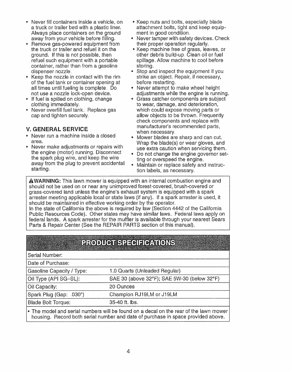 V. general service | Craftsman 917.388191 User Manual | Page 4 / 44