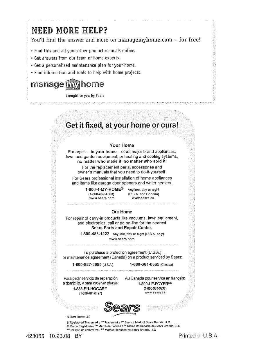Need more help, Manage home, Get it fixed, at your home or ours | Craftsman 917.388191 User Manual | Page 44 / 44