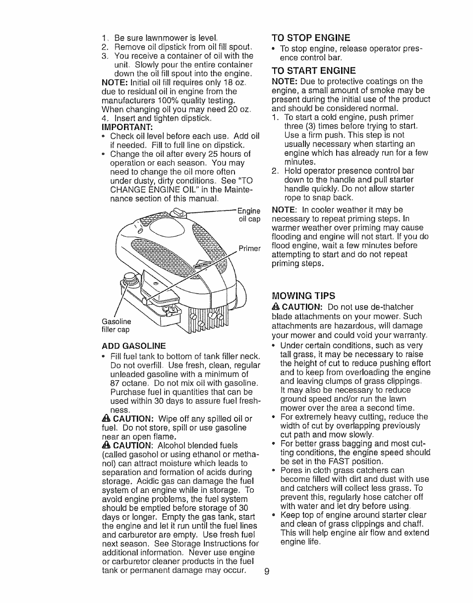 Important, Add gasoline, To stop engine | Mowing tips | Craftsman 917.388191 User Manual | Page 9 / 44