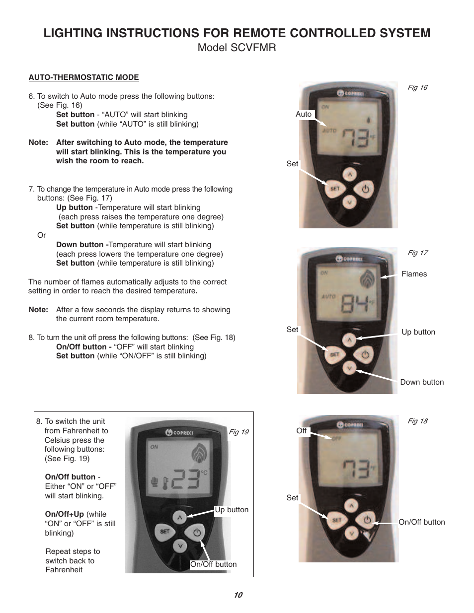 Lighting instructions for remote controlled system, Model scvfmr | Sure Heat Vent-Free SCVFA User Manual | Page 10 / 15