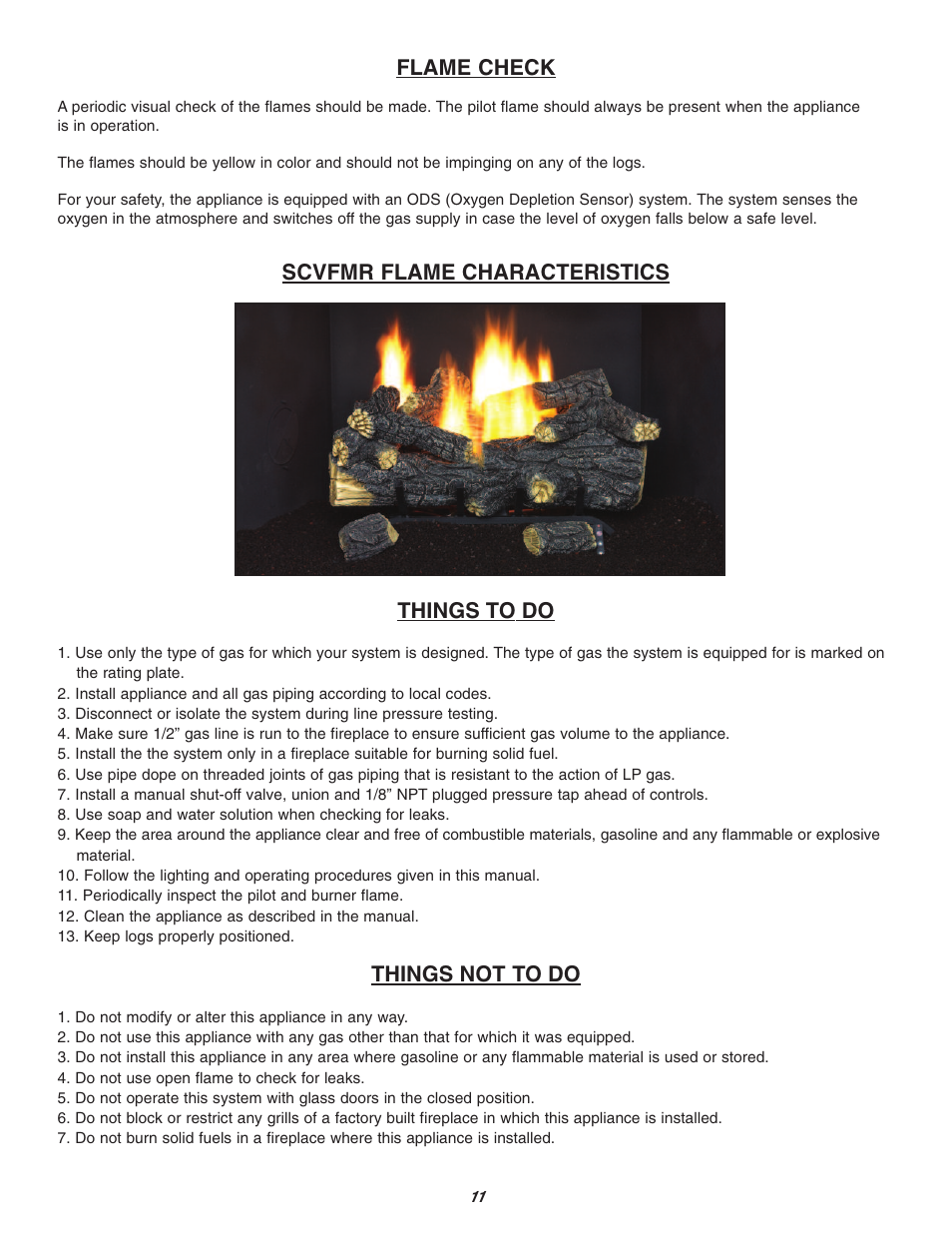 Flame check, Scvfmr flame characteristics things to do, Things not to do | Sure Heat Vent-Free SCVFA User Manual | Page 11 / 15