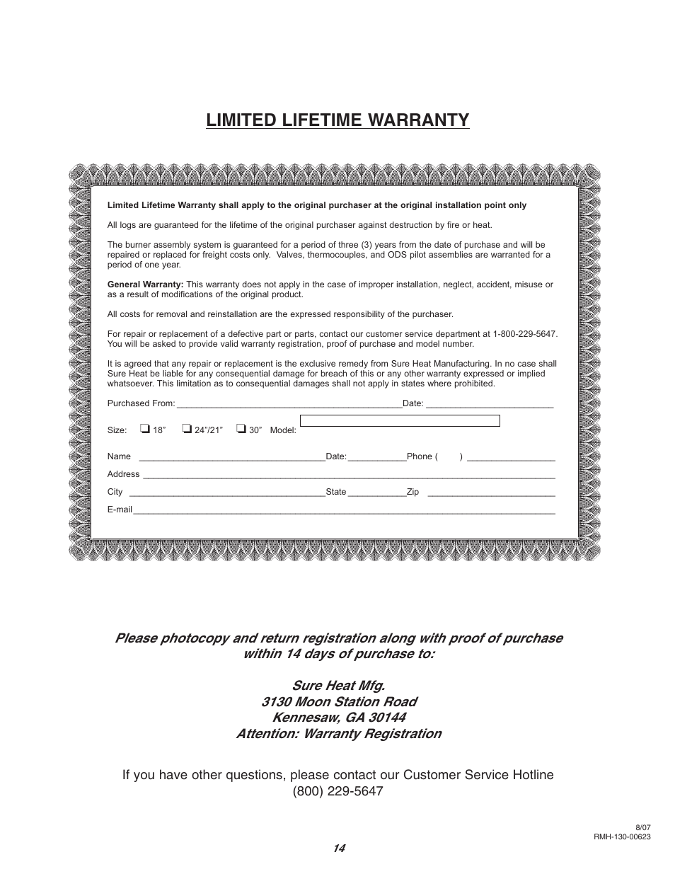 Limited lifetime warranty | Sure Heat Vent-Free SCVFA User Manual | Page 14 / 15