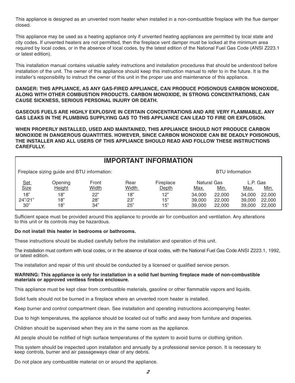 Important information | Sure Heat Vent-Free SCVFA User Manual | Page 2 / 15