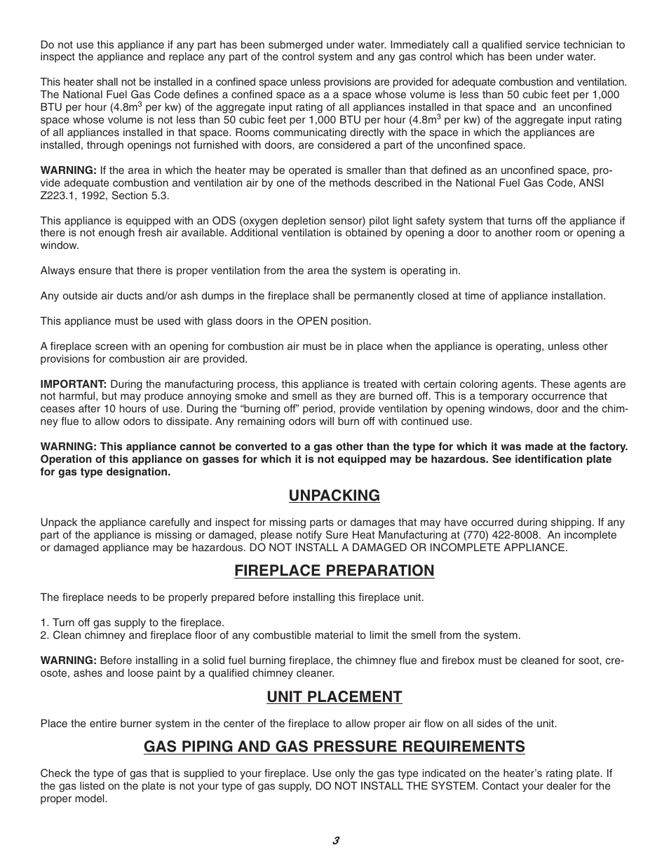 Unpacking, Fireplace preparation, Unit placement | Gas piping and gas pressure requirements | Sure Heat Vent-Free SCVFA User Manual | Page 3 / 15