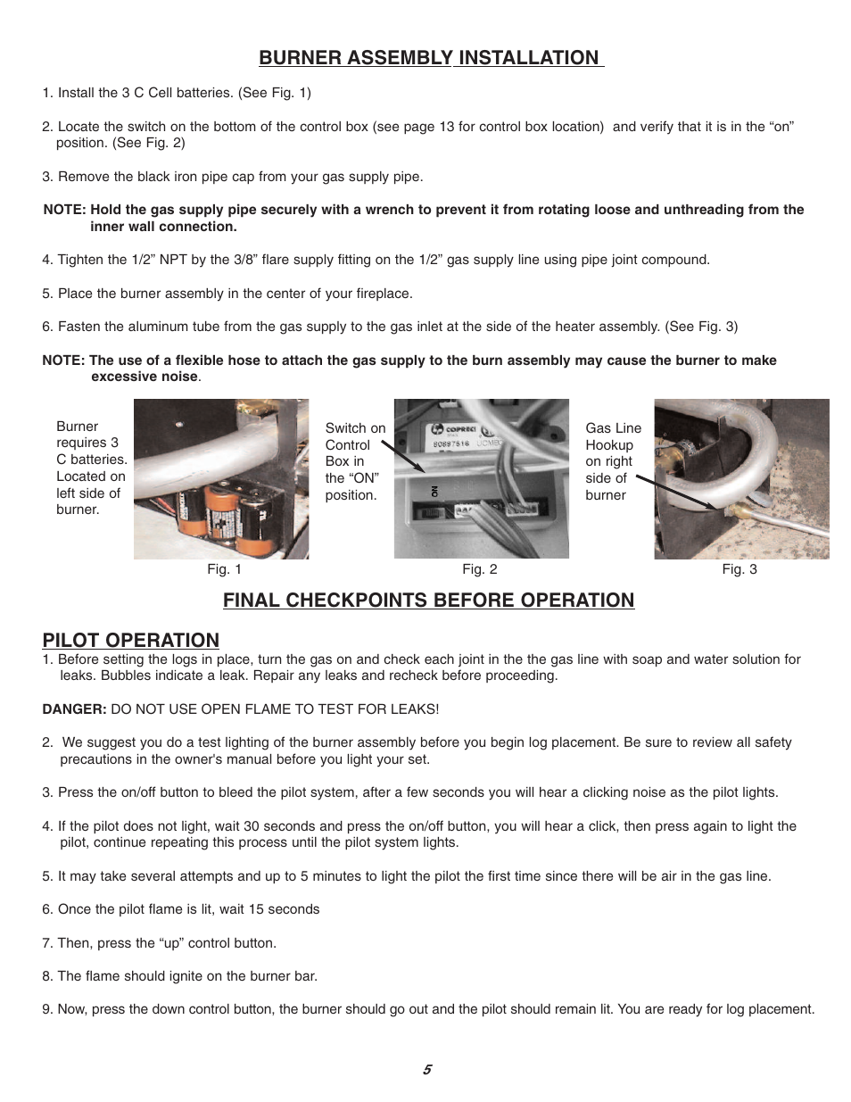 Burner assembly installation, Final checkpoints before operation pilot operation | Sure Heat Vent-Free SCVFA User Manual | Page 5 / 15