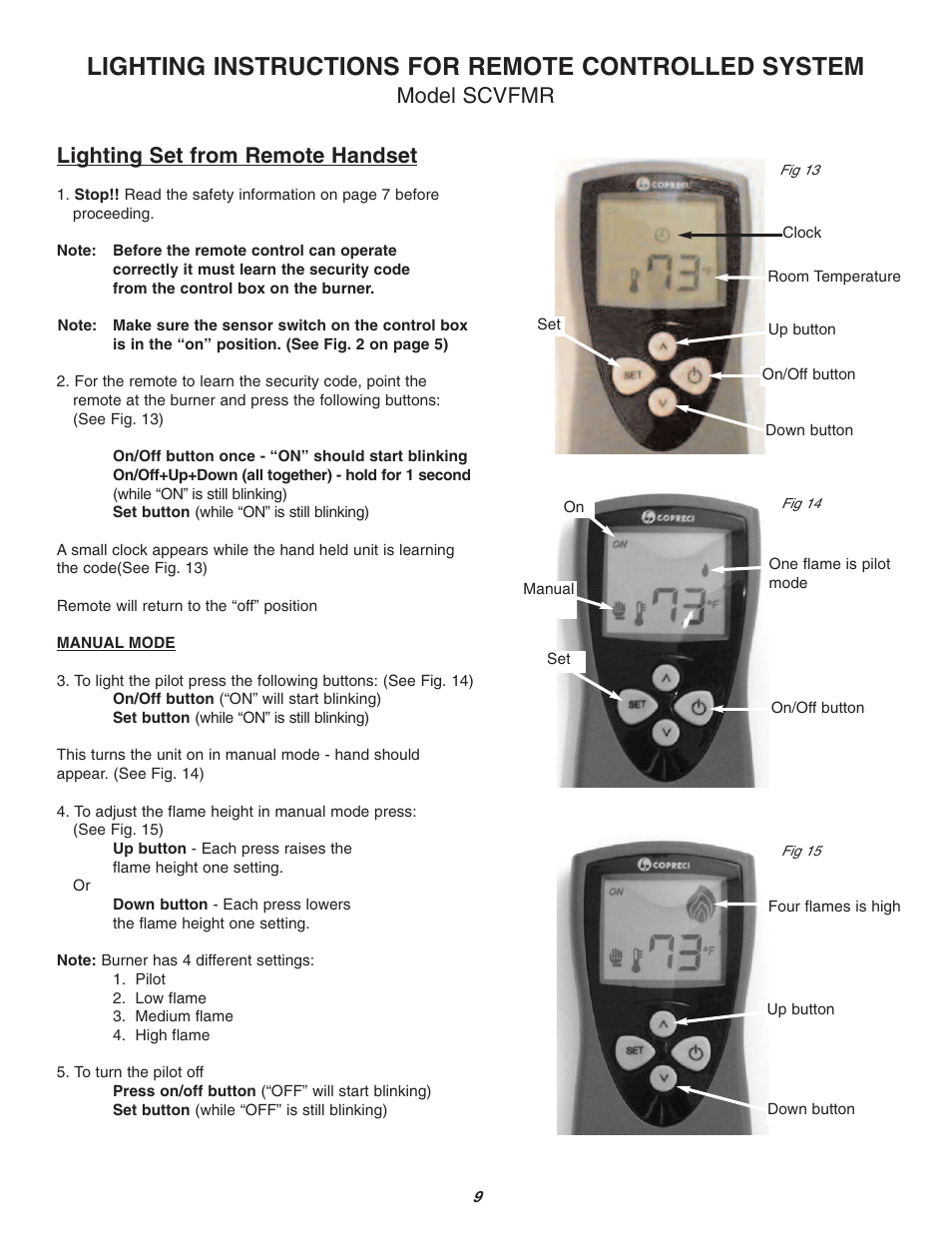 Lighting instructions for remote controlled system, Model scvfmr lighting set from remote handset | Sure Heat Vent-Free SCVFA User Manual | Page 9 / 15