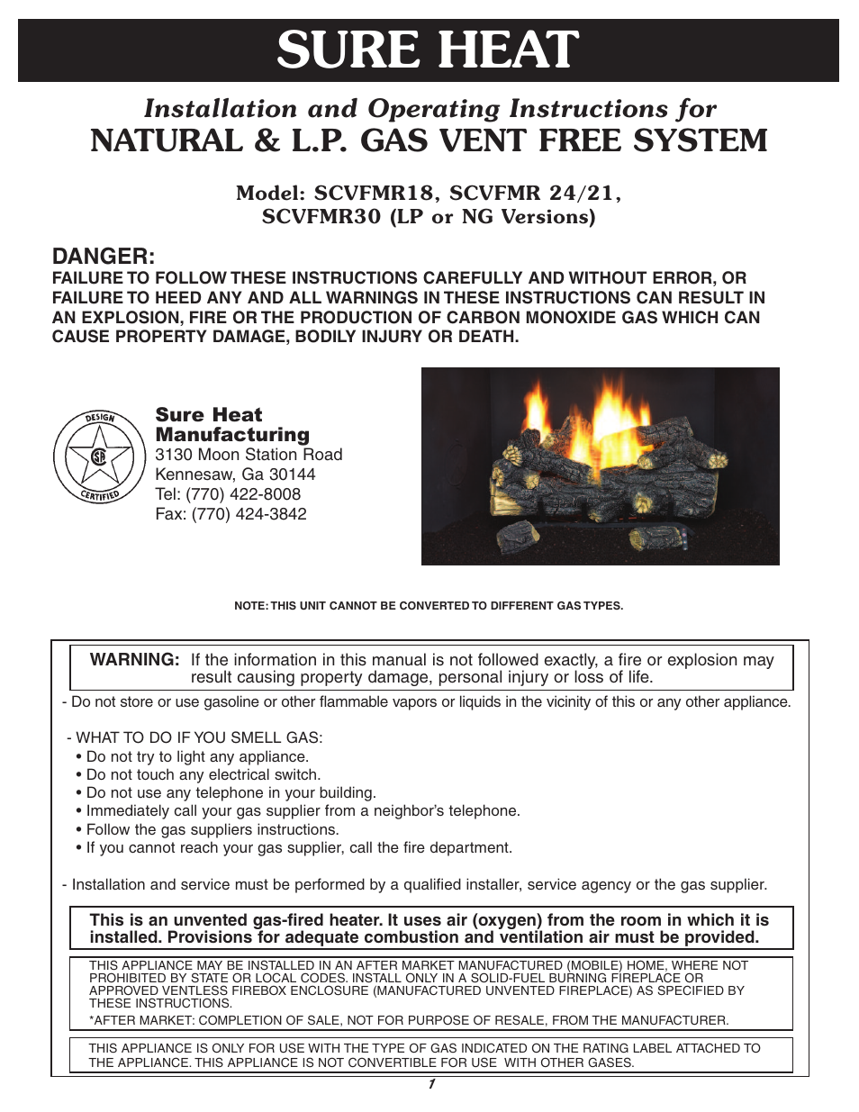 Sure Heat Vent-Free SCVFMR User Manual | 15 pages