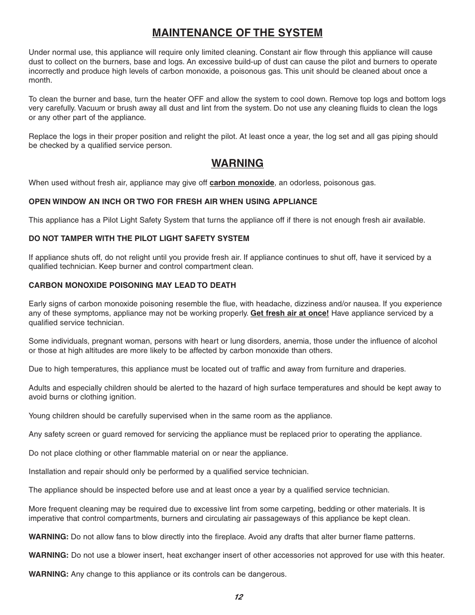 Maintenance of the system, Warning | Sure Heat Vent-Free SCVFMR User Manual | Page 12 / 15