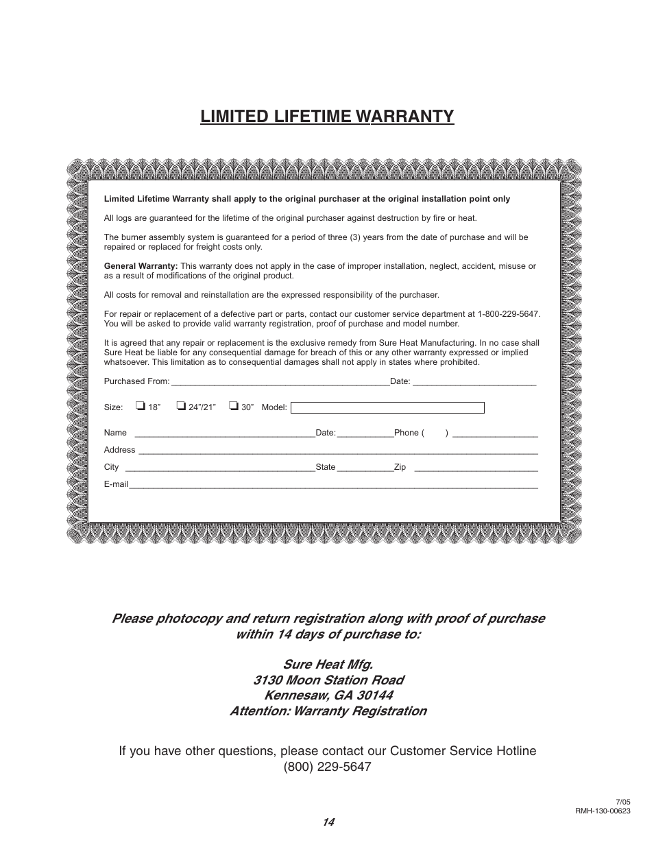 Limited lifetime warranty | Sure Heat Vent-Free SCVFMR User Manual | Page 14 / 15