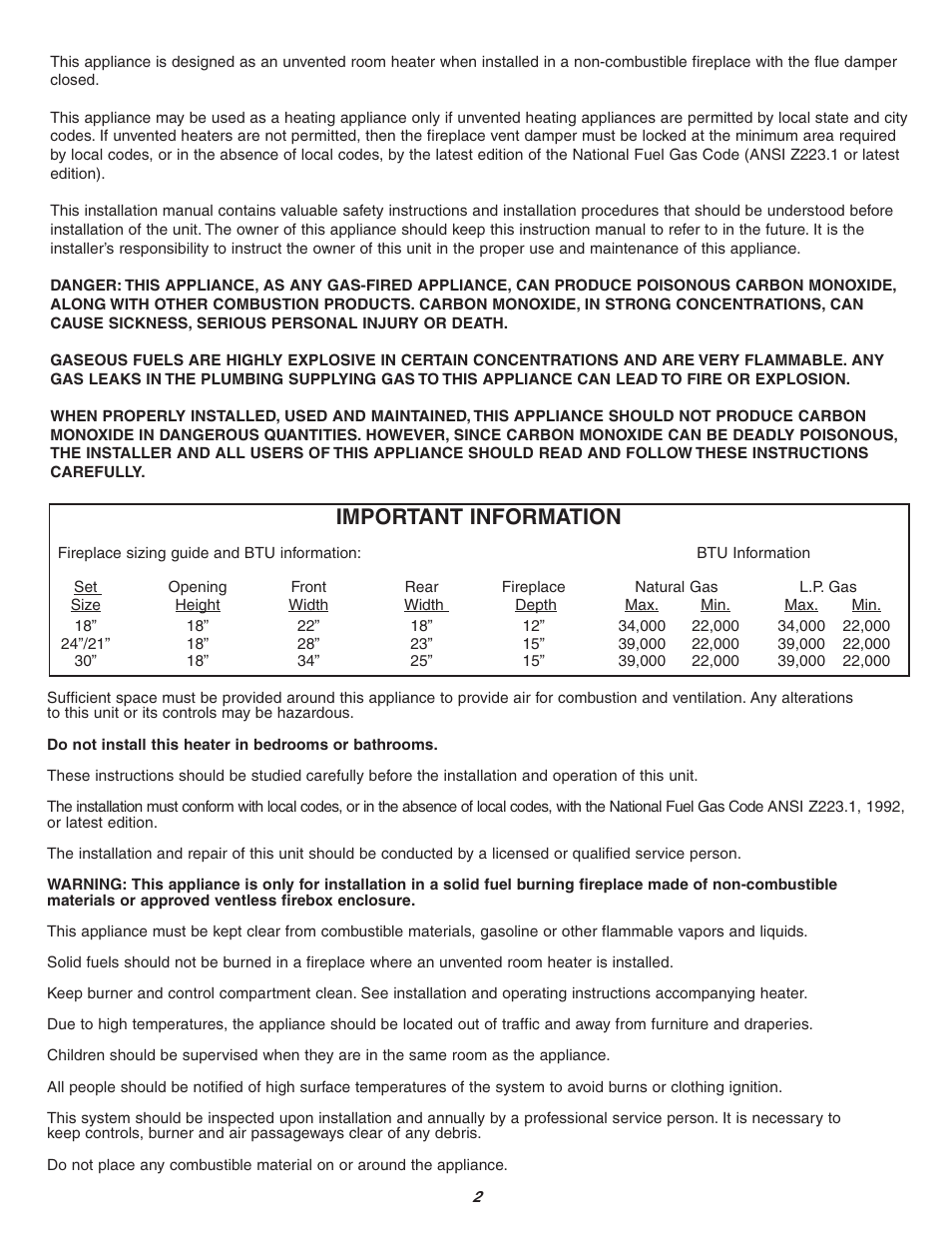 Important information | Sure Heat Vent-Free SCVFMR User Manual | Page 2 / 15