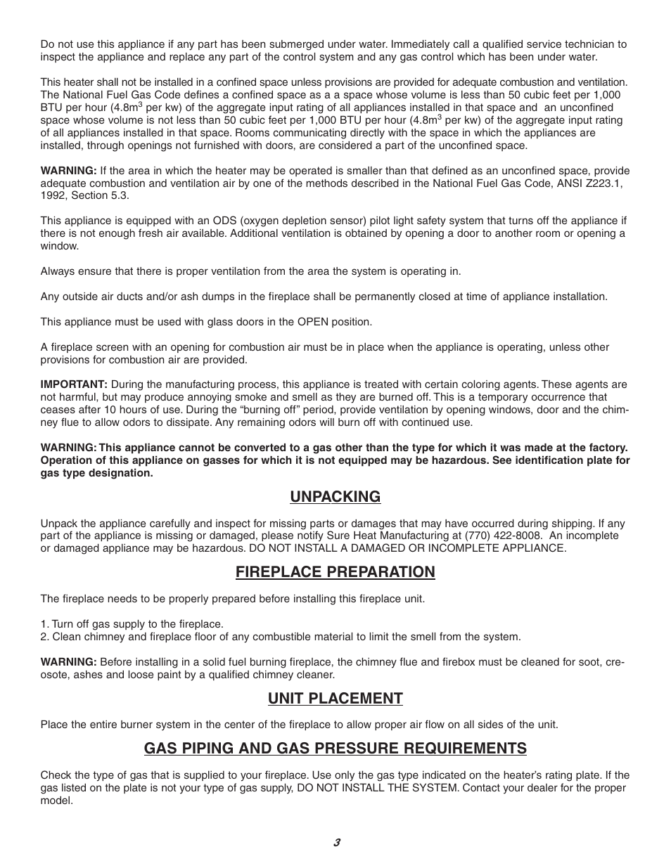 Unpacking, Fireplace preparation, Unit placement | Gas piping and gas pressure requirements | Sure Heat Vent-Free SCVFMR User Manual | Page 3 / 15