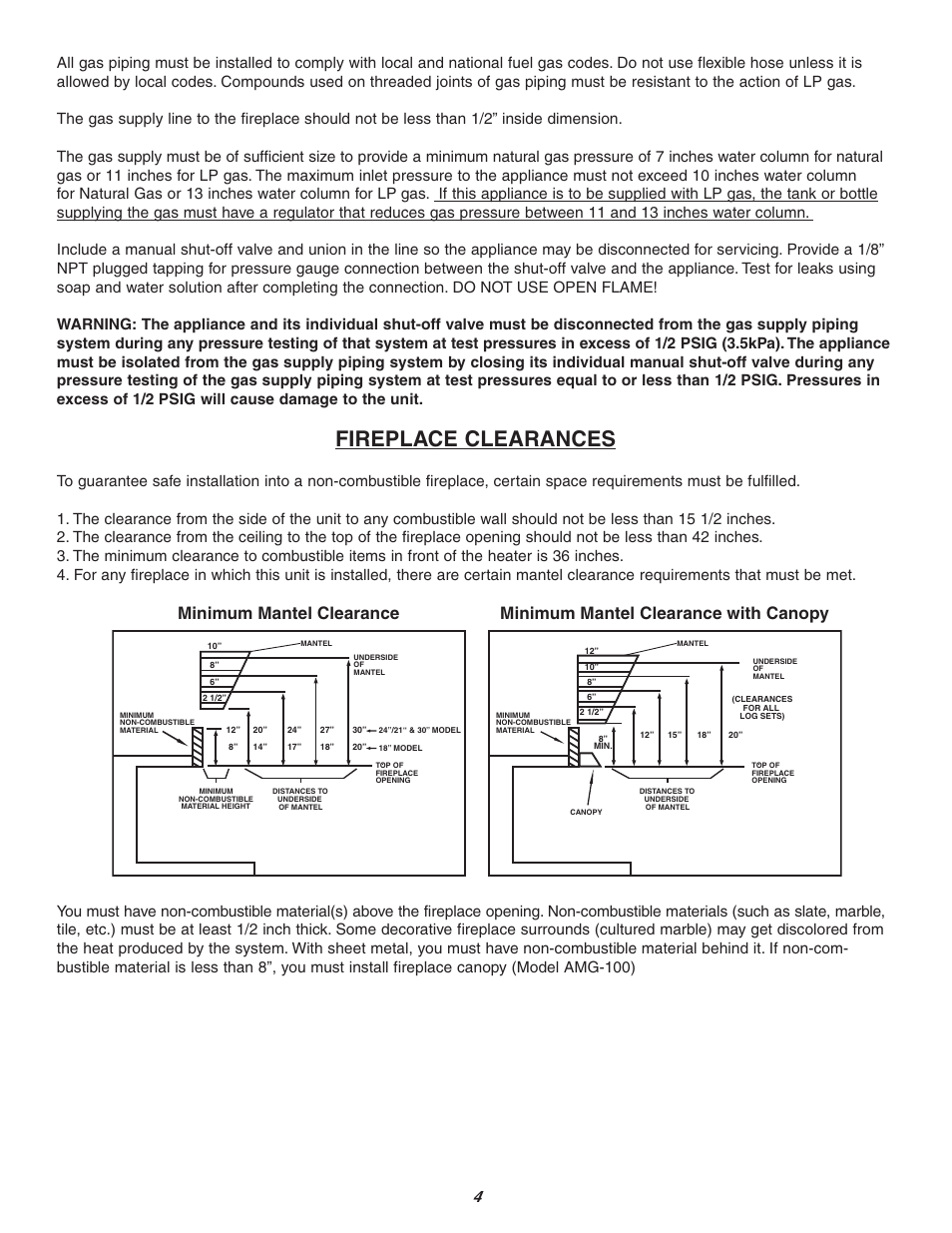 Fireplace clearances | Sure Heat Vent-Free SCVFMR User Manual | Page 4 / 15