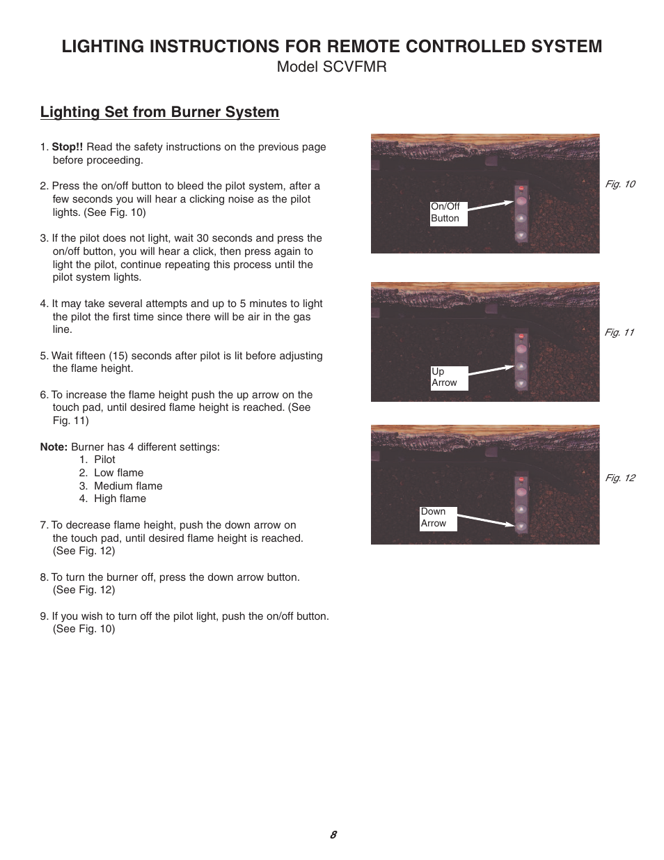 Lighting instructions for remote controlled system, Model scvfmr lighting set from burner system | Sure Heat Vent-Free SCVFMR User Manual | Page 8 / 15