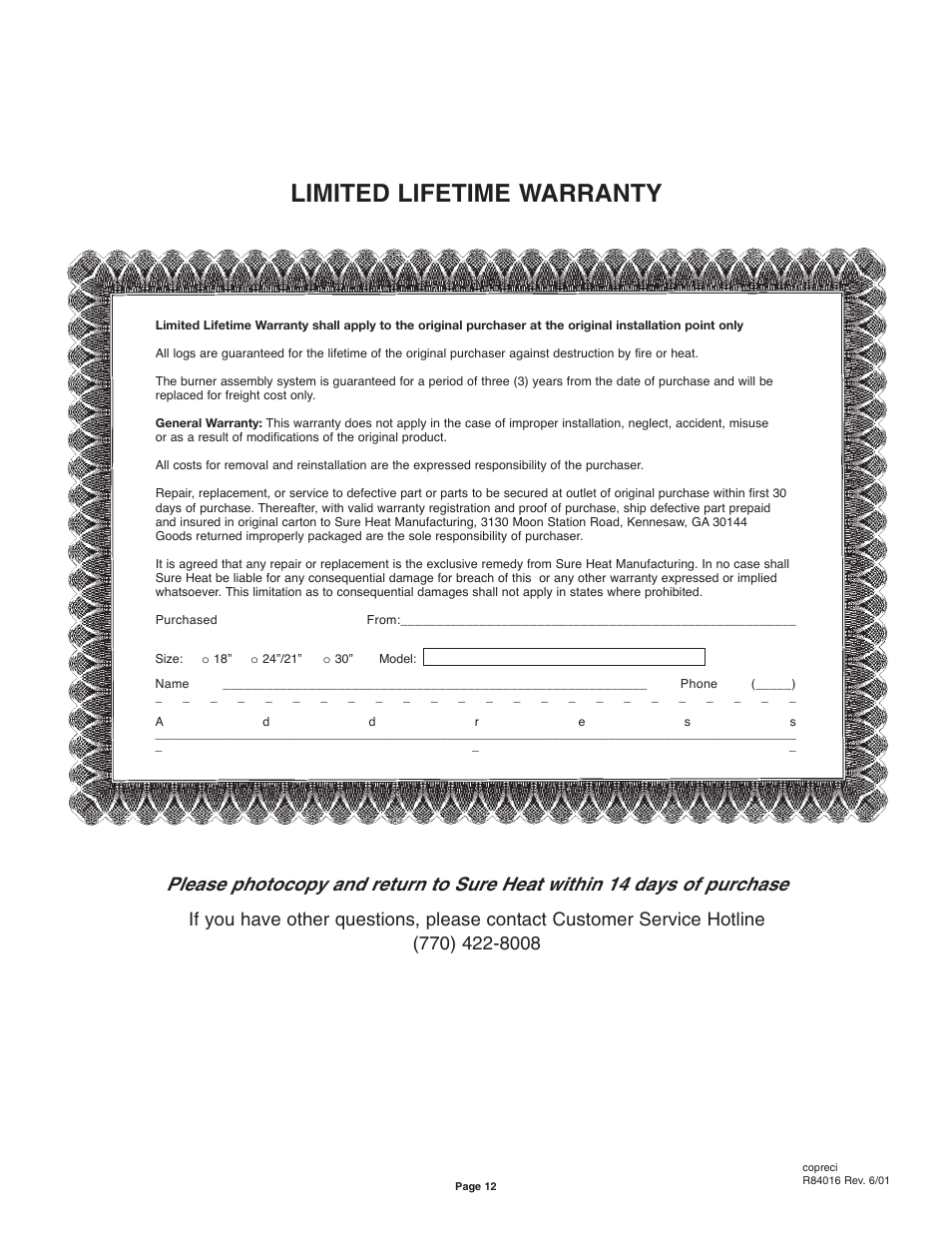 Limited lifetime warranty | Sure Heat Vent-Free VFM User Manual | Page 12 / 12