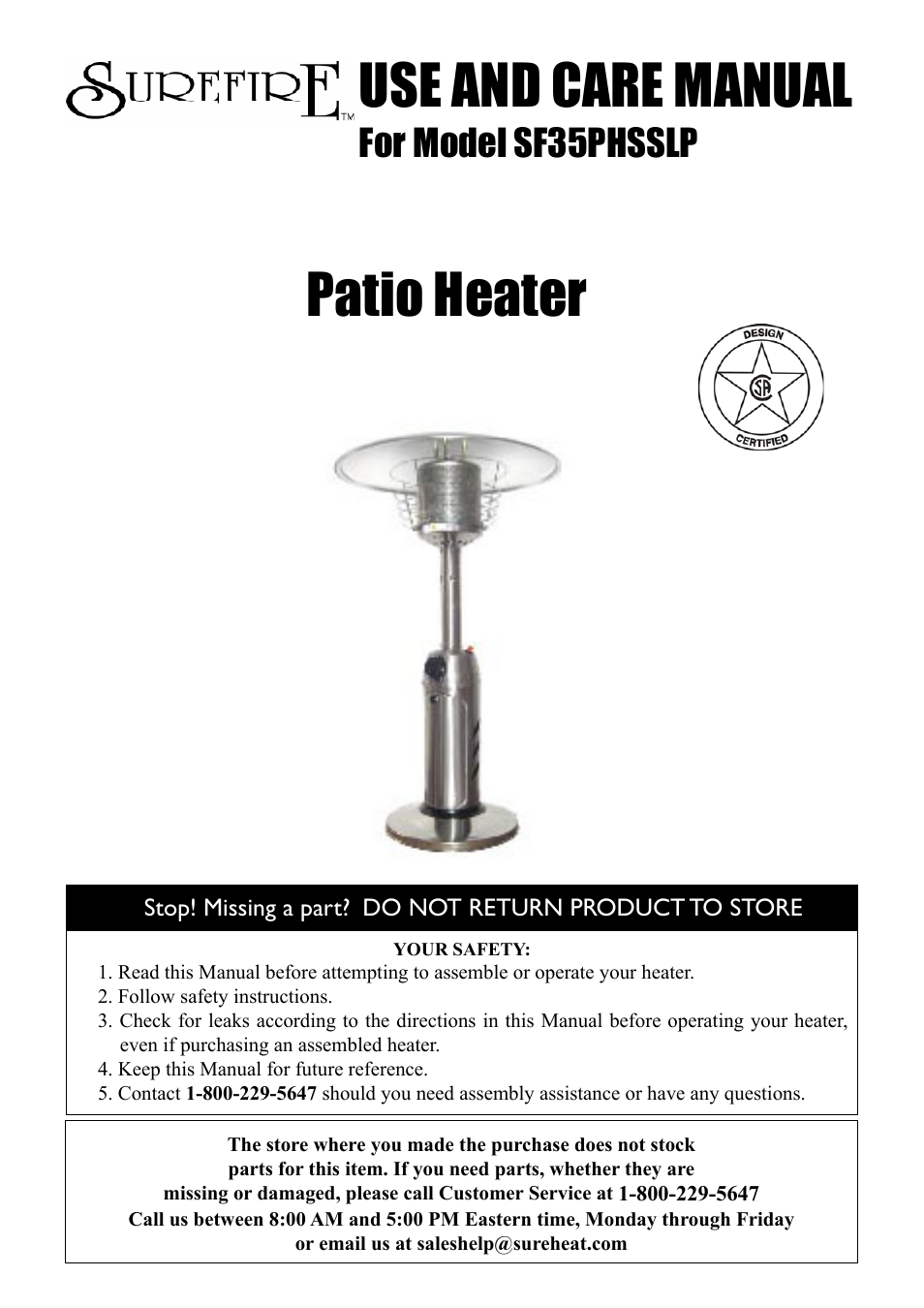 Sure Heat SF35PHSSLP Patio Heater User Manual | 15 pages