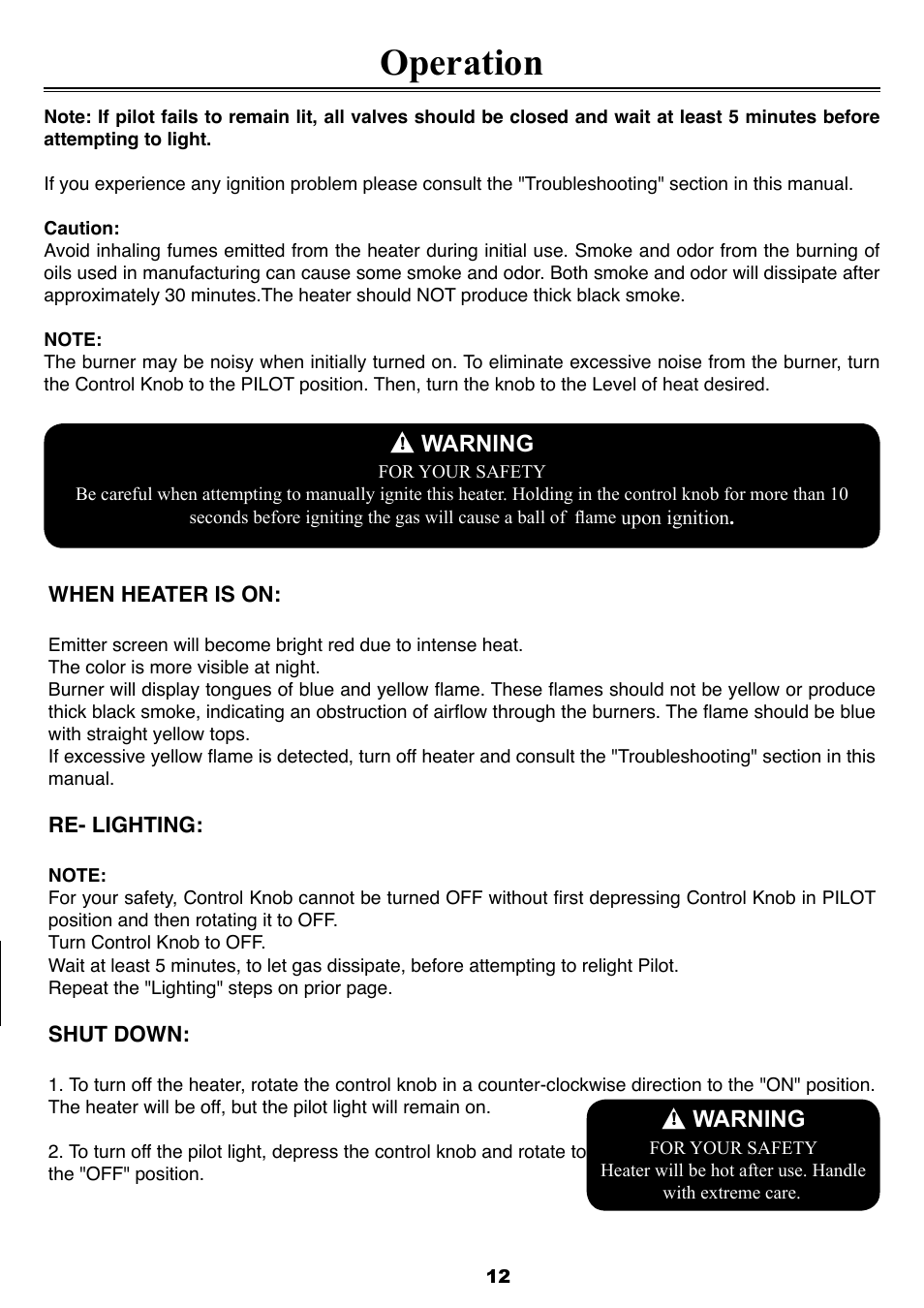 Operation, Warning | Sure Heat SF35PHSSLP Patio Heater User Manual | Page 12 / 15