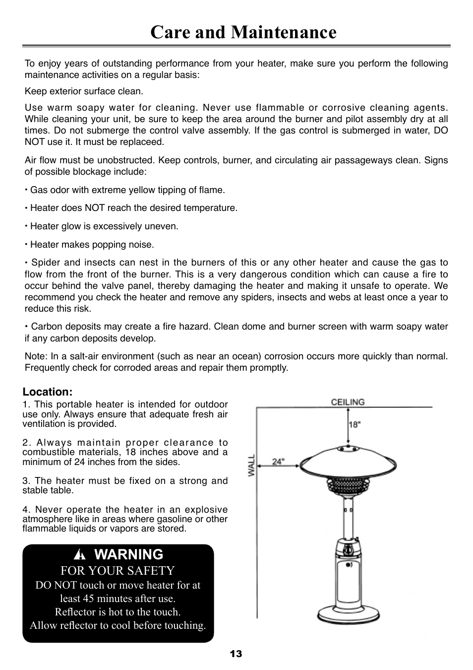 Care and maintenance, Warning, For your safety | Sure Heat SF35PHSSLP Patio Heater User Manual | Page 13 / 15