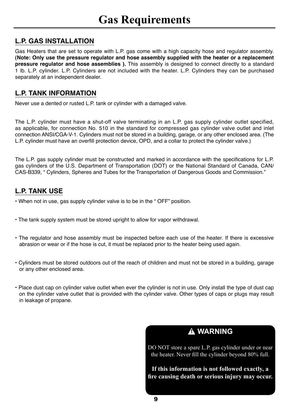 Gas requirements, Warning | Sure Heat SF35PHSSLP Patio Heater User Manual | Page 9 / 15