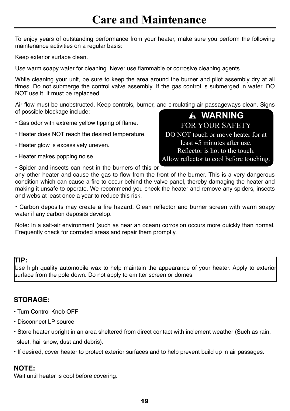 Care and maintenance, Warning, For your safety | Sure Heat SF87PHLP Patio Heater User Manual | Page 19 / 21