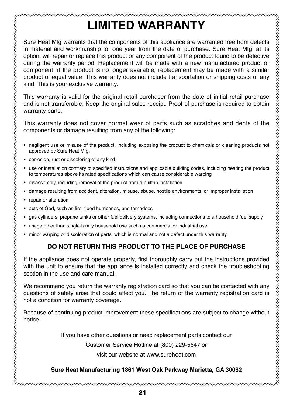 Limited warranty | Sure Heat SF87PHLP Patio Heater User Manual | Page 21 / 21